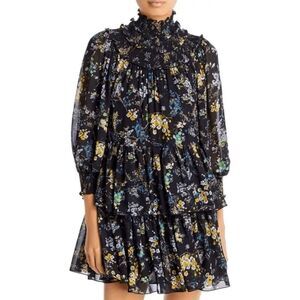 Cinq a Sept Melony Smocked Floral Print Dress Size 6 Ruffle Fairy Designer